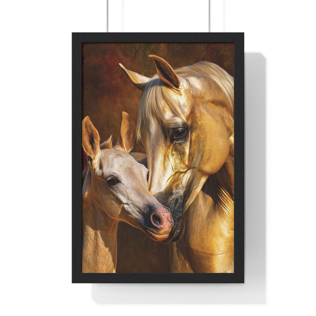 Majestic Horse Love Vertical Framed Poster, Equestrian Art Print, Animal Lovers Decor, Horse Mother and Foal, Home Wall Art