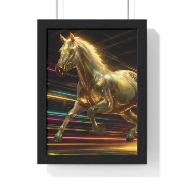 Golden Galloping Horse Vertical Framed Poster, Equine Art, Living Room Decor, Horse Lover Gift, Inspirational Wall Art, Home Aesthetic