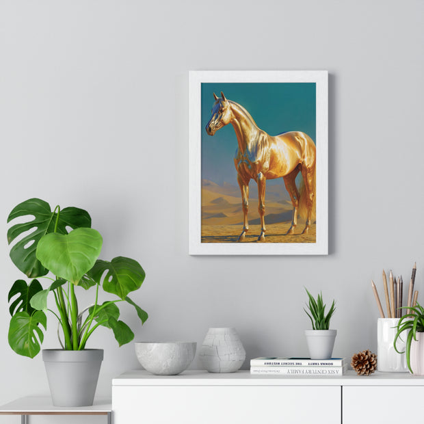Golden Horse Vertical Framed Poster, Modern Wall Art, Equestrian Decor, Animal Lover Gift, Home Aesthetic
