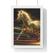 Golden Galloping Horse Vertical Framed Poster, Equine Art, Living Room Decor, Horse Lover Gift, Inspirational Wall Art, Home Aesthetic