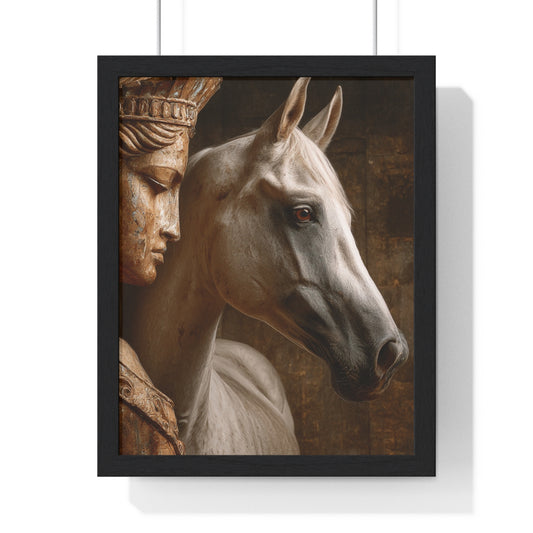 Elegant Horse & Statue Art Print, Framed Wall Decor, Vintage Home Accents, Equine Art for Horse Lovers, Gift for Animal Enthusiasts