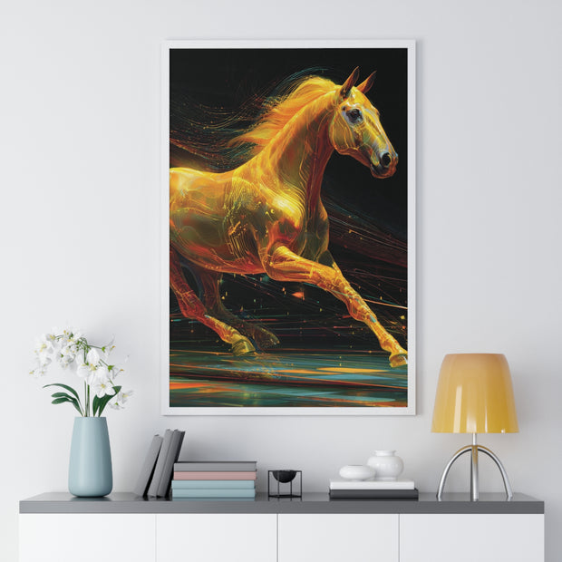 Golden Horse Art Vertical Framed Poster, Equestrian Home Decor, Gallery Wall Artwork, Horse Lover Gift, Vibrant Animal Print
