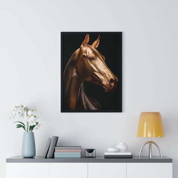 Golden Horse Vertical Framed Poster, Elegant Wall Art, Horse Lover Gift, Modern Home Decor, Animal Art Print