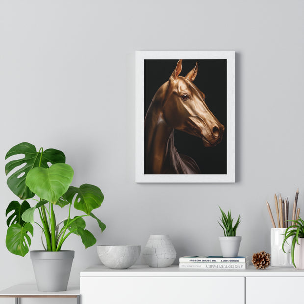 Golden Horse Vertical Framed Poster, Elegant Wall Art, Horse Lover Gift, Modern Home Decor, Animal Art Print