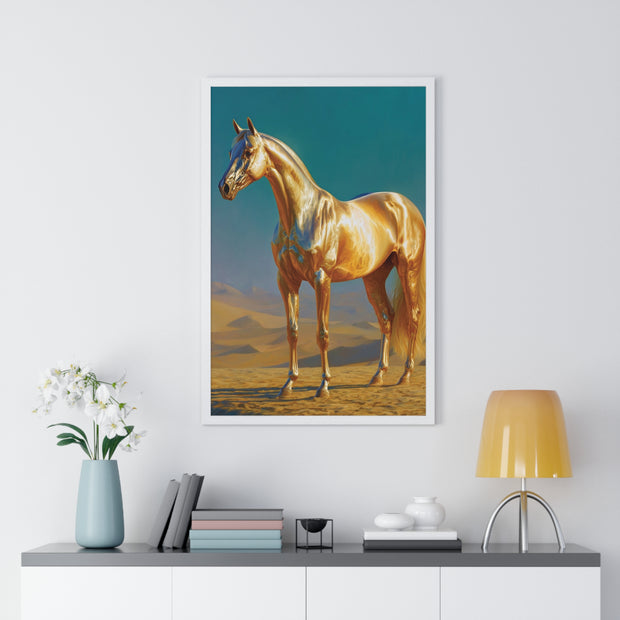 Golden Horse Vertical Framed Poster, Modern Wall Art, Equestrian Decor, Animal Lover Gift, Home Aesthetic