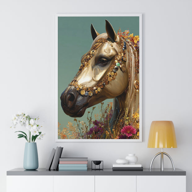 Golden Horse Framed Art Print, Elegant Home Decor, Gift for Animal Lovers, Equine Art, Wall Decoration