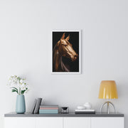 Golden Horse Vertical Framed Poster, Elegant Wall Art, Horse Lover Gift, Modern Home Decor, Animal Art Print