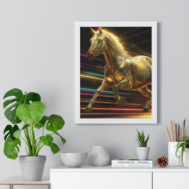 Golden Galloping Horse Vertical Framed Poster, Equine Art, Living Room Decor, Horse Lover Gift, Inspirational Wall Art, Home Aesthetic