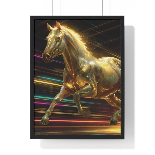 Golden Galloping Horse Vertical Framed Poster, Equine Art, Living Room Decor, Horse Lover Gift, Inspirational Wall Art, Home Aesthetic