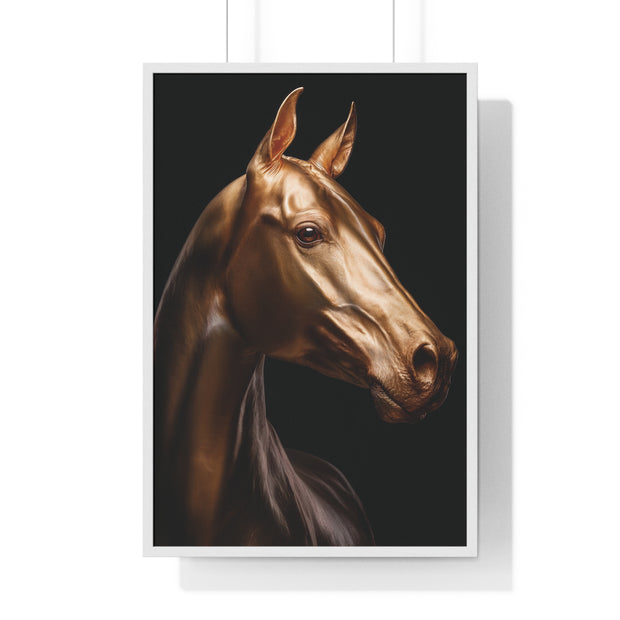 Golden Horse Vertical Framed Poster, Elegant Wall Art, Horse Lover Gift, Modern Home Decor, Animal Art Print