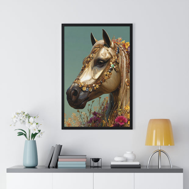 Golden Horse Framed Art Print, Elegant Home Decor, Gift for Animal Lovers, Equine Art, Wall Decoration