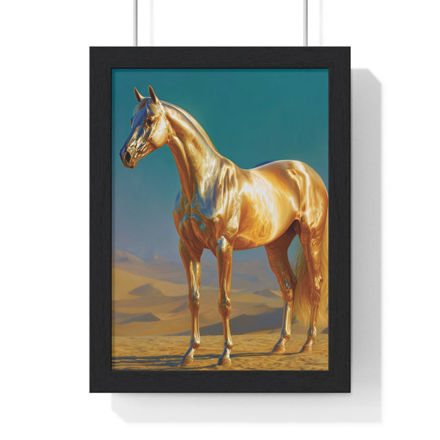 Golden Horse Vertical Framed Poster, Modern Wall Art, Equestrian Decor, Animal Lover Gift, Home Aesthetic