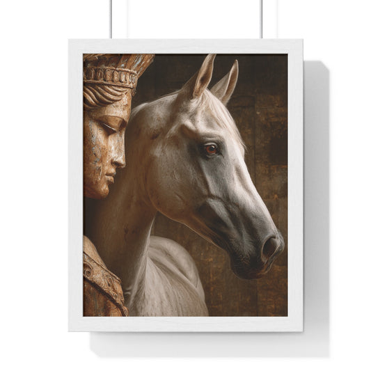 Elegant Horse & Statue Art Print, Framed Wall Decor, Vintage Home Accents, Equine Art for Horse Lovers, Gift for Animal Enthusiasts