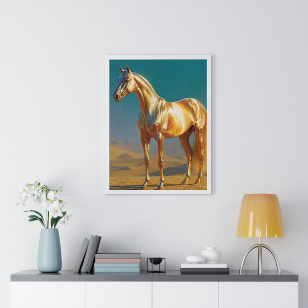 Golden Horse Vertical Framed Poster, Modern Wall Art, Equestrian Decor, Animal Lover Gift, Home Aesthetic