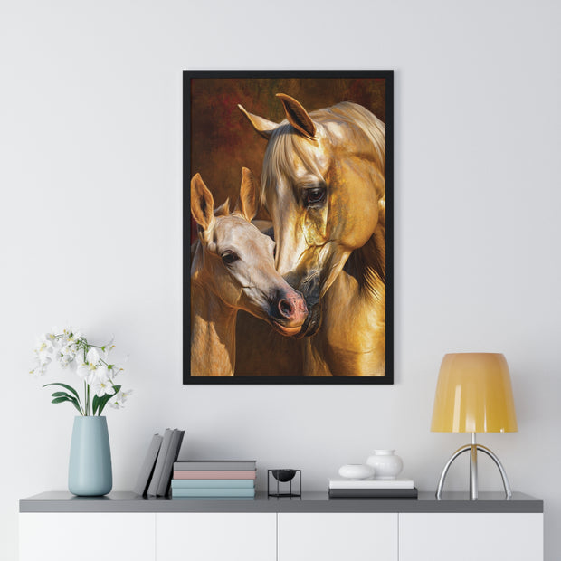 Majestic Horse Love Vertical Framed Poster, Equestrian Art Print, Animal Lovers Decor, Horse Mother and Foal, Home Wall Art