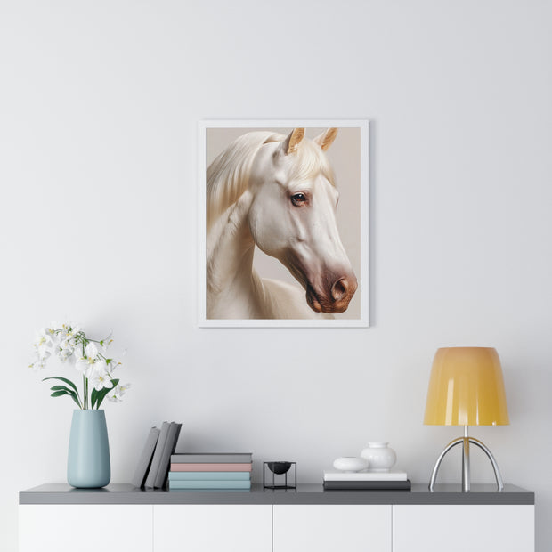 Elegant White Horse Art, Vertical Framed Poster, Horse Decor, Animal Lover Gift, Wall Art, Home Gallery Display