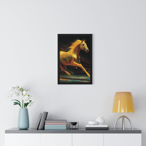 Golden Horse Art Vertical Framed Poster, Equestrian Home Decor, Gallery Wall Artwork, Horse Lover Gift, Vibrant Animal Print