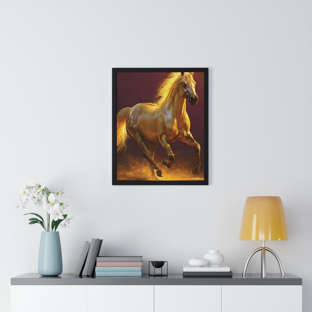 Golden Horse Vertical Framed Poster, Equestrian Decor, Horse Lover Gift, Wall Art, Home Office Decoration