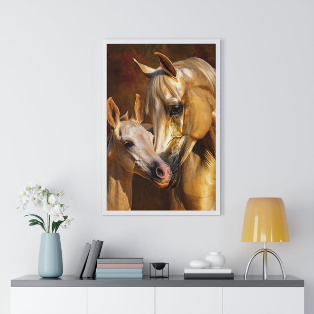 Majestic Horse Love Vertical Framed Poster, Equestrian Art Print, Animal Lovers Decor, Horse Mother and Foal, Home Wall Art