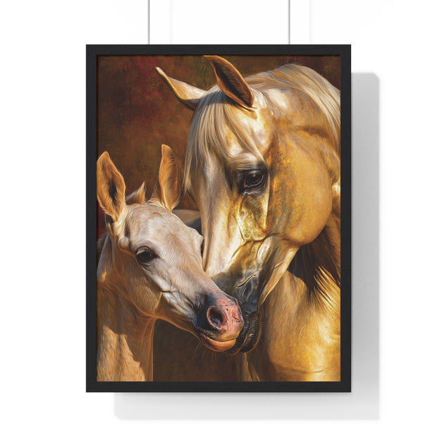 Majestic Horse Love Vertical Framed Poster, Equestrian Art Print, Animal Lovers Decor, Horse Mother and Foal, Home Wall Art
