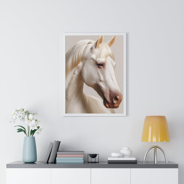 Elegant White Horse Art, Vertical Framed Poster, Horse Decor, Animal Lover Gift, Wall Art, Home Gallery Display