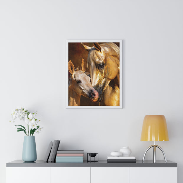 Majestic Horse Love Vertical Framed Poster, Equestrian Art Print, Animal Lovers Decor, Horse Mother and Foal, Home Wall Art
