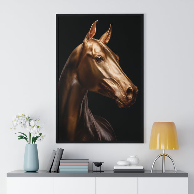 Golden Horse Vertical Framed Poster, Elegant Wall Art, Horse Lover Gift, Modern Home Decor, Animal Art Print