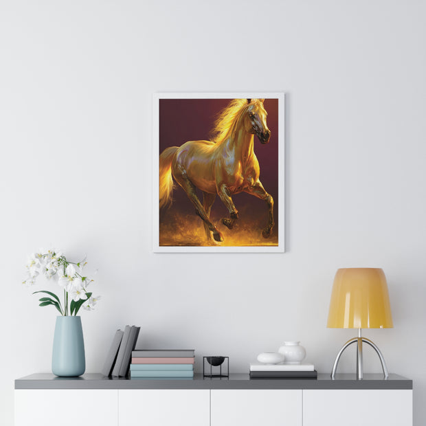 Golden Horse Vertical Framed Poster, Equestrian Decor, Horse Lover Gift, Wall Art, Home Office Decoration