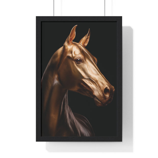 Golden Horse Vertical Framed Poster, Elegant Wall Art, Horse Lover Gift, Modern Home Decor, Animal Art Print