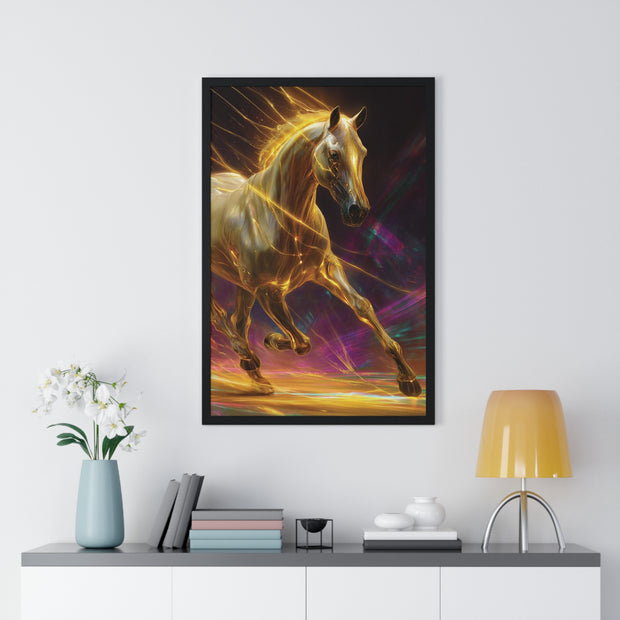 Majestic Golden Horse Framed Poster, Horse Art, Equine Decor, Animal Lover Gift, Wall Art for Home, Motivational Wall Decor