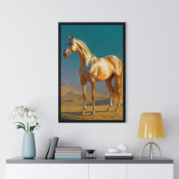 Golden Horse Vertical Framed Poster, Modern Wall Art, Equestrian Decor, Animal Lover Gift, Home Aesthetic