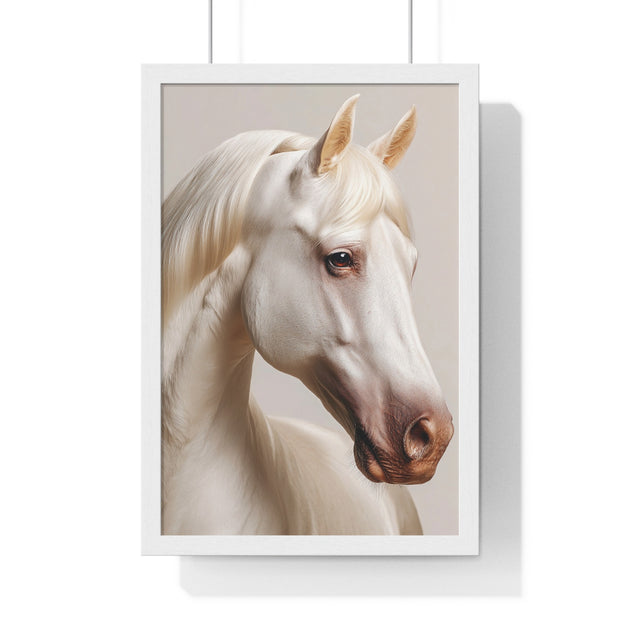 Elegant White Horse Art, Vertical Framed Poster, Horse Decor, Animal Lover Gift, Wall Art, Home Gallery Display