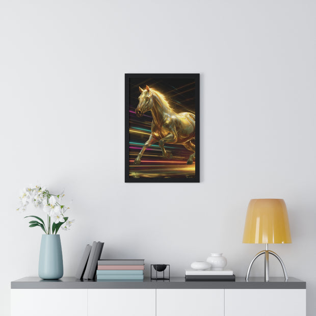Golden Galloping Horse Vertical Framed Poster, Equine Art, Living Room Decor, Horse Lover Gift, Inspirational Wall Art, Home Aesthetic