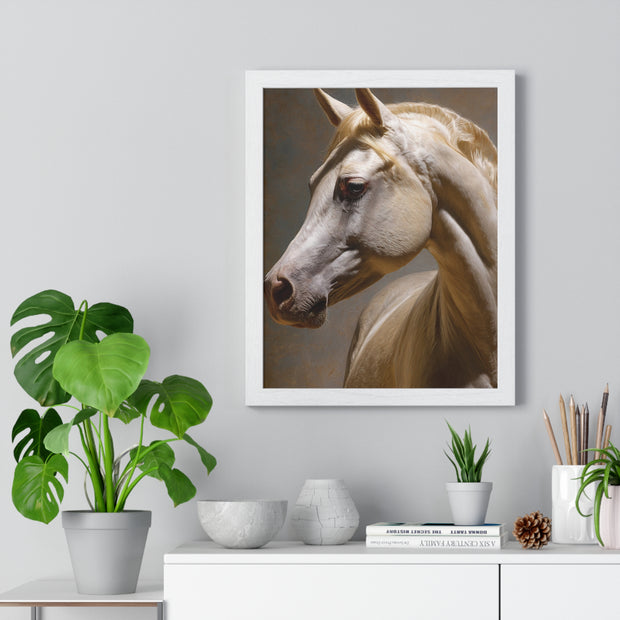 Elegant Horse Framed Art Print, White Horse Wall Decor, Equine Decor, Animal Lover Gift, Rustic Home Wall Art