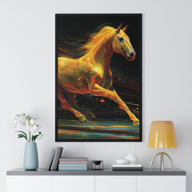 Golden Horse Art Vertical Framed Poster, Equestrian Home Decor, Gallery Wall Artwork, Horse Lover Gift, Vibrant Animal Print