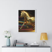 Golden Galloping Horse Vertical Framed Poster, Equine Art, Living Room Decor, Horse Lover Gift, Inspirational Wall Art, Home Aesthetic