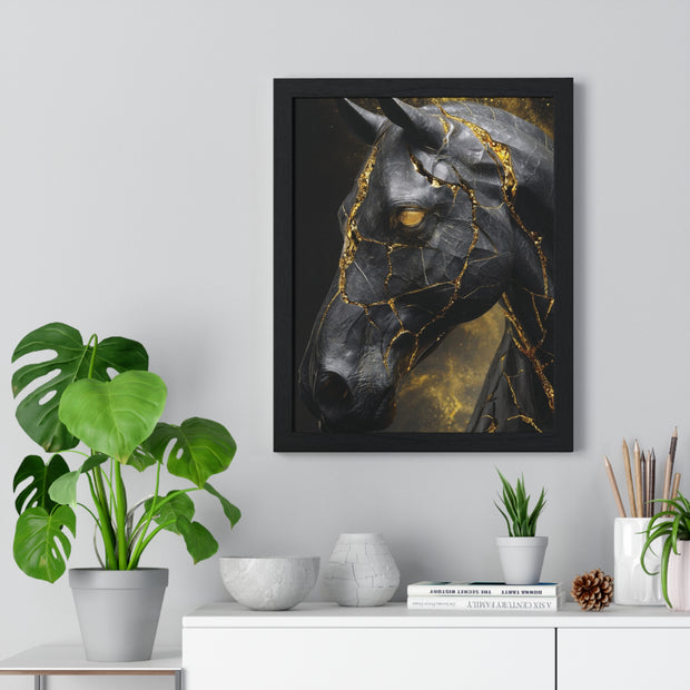 Elegant Horse Framed Art Print, Modern Wall Decor, Unique Home Accent, Gift for Horse Lovers, Art for Living Room, Black Gold Art