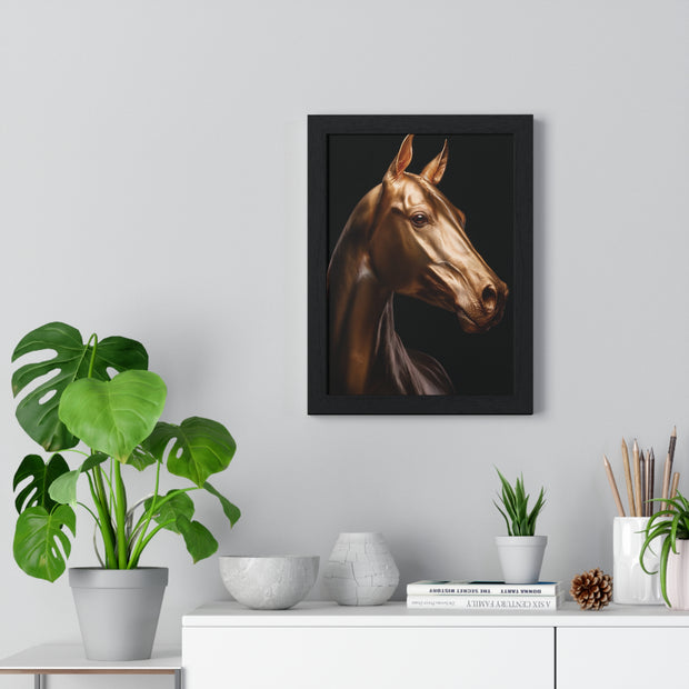 Golden Horse Vertical Framed Poster, Elegant Wall Art, Horse Lover Gift, Modern Home Decor, Animal Art Print