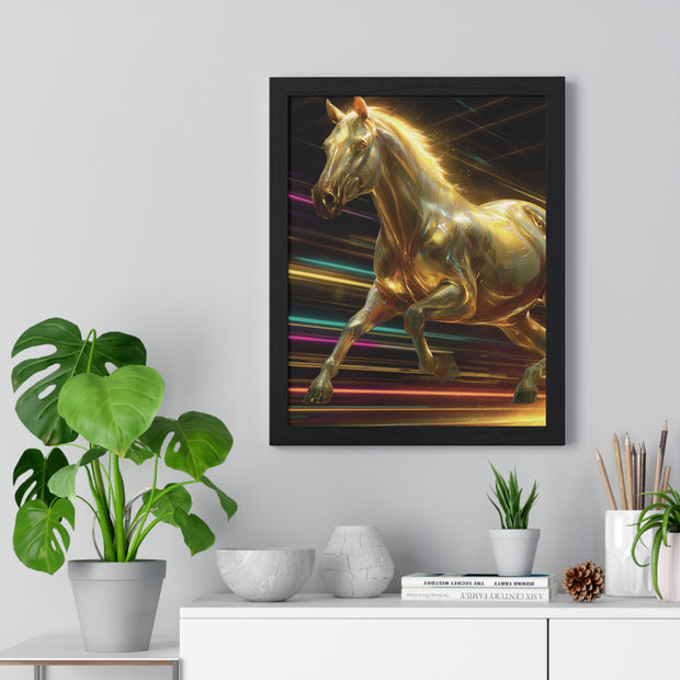 Golden Galloping Horse Vertical Framed Poster, Equine Art, Living Room Decor, Horse Lover Gift, Inspirational Wall Art, Home Aesthetic