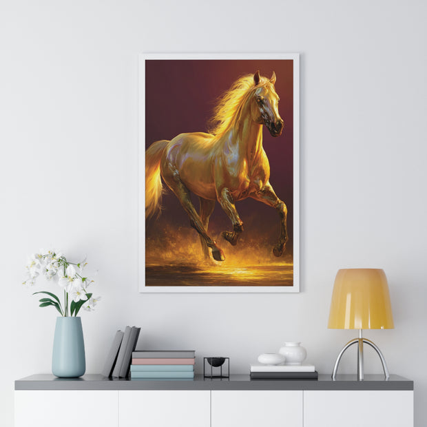 Golden Horse Vertical Framed Poster, Equestrian Decor, Horse Lover Gift, Wall Art, Home Office Decoration