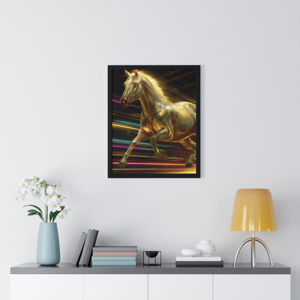 Golden Galloping Horse Vertical Framed Poster, Equine Art, Living Room Decor, Horse Lover Gift, Inspirational Wall Art, Home Aesthetic