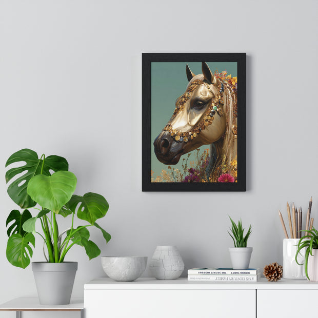 Golden Horse Framed Art Print, Elegant Home Decor, Gift for Animal Lovers, Equine Art, Wall Decoration