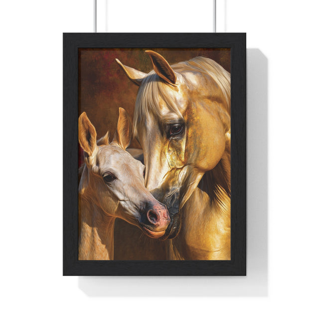 Majestic Horse Love Vertical Framed Poster, Equestrian Art Print, Animal Lovers Decor, Horse Mother and Foal, Home Wall Art