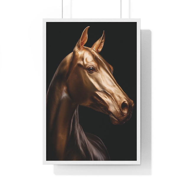 Golden Horse Vertical Framed Poster, Elegant Wall Art, Horse Lover Gift, Modern Home Decor, Animal Art Print