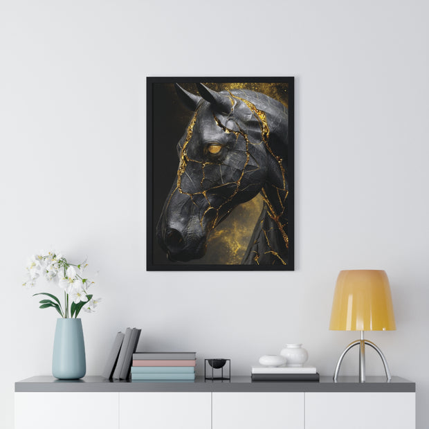 Elegant Horse Framed Art Print, Modern Wall Decor, Unique Home Accent, Gift for Horse Lovers, Art for Living Room, Black Gold Art