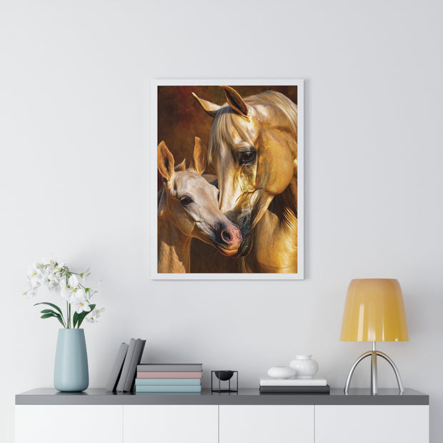 Majestic Horse Love Vertical Framed Poster, Equestrian Art Print, Animal Lovers Decor, Horse Mother and Foal, Home Wall Art