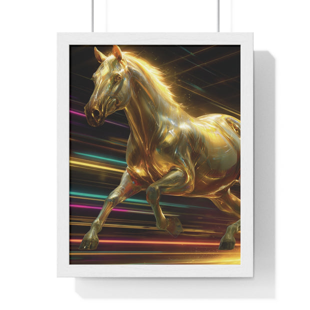 Golden Galloping Horse Vertical Framed Poster, Equine Art, Living Room Decor, Horse Lover Gift, Inspirational Wall Art, Home Aesthetic
