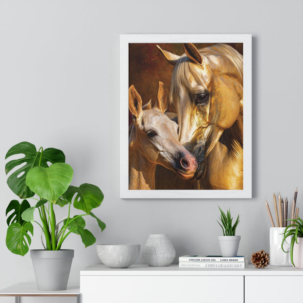 Majestic Horse Love Vertical Framed Poster, Equestrian Art Print, Animal Lovers Decor, Horse Mother and Foal, Home Wall Art