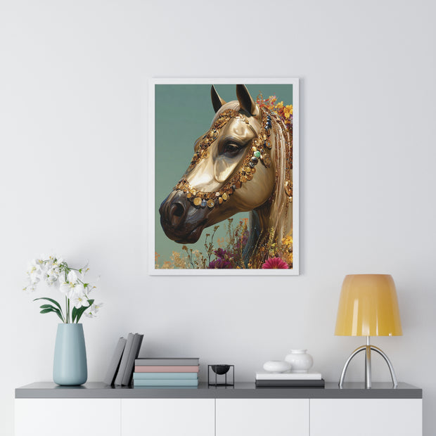 Golden Horse Framed Art Print, Elegant Home Decor, Gift for Animal Lovers, Equine Art, Wall Decoration