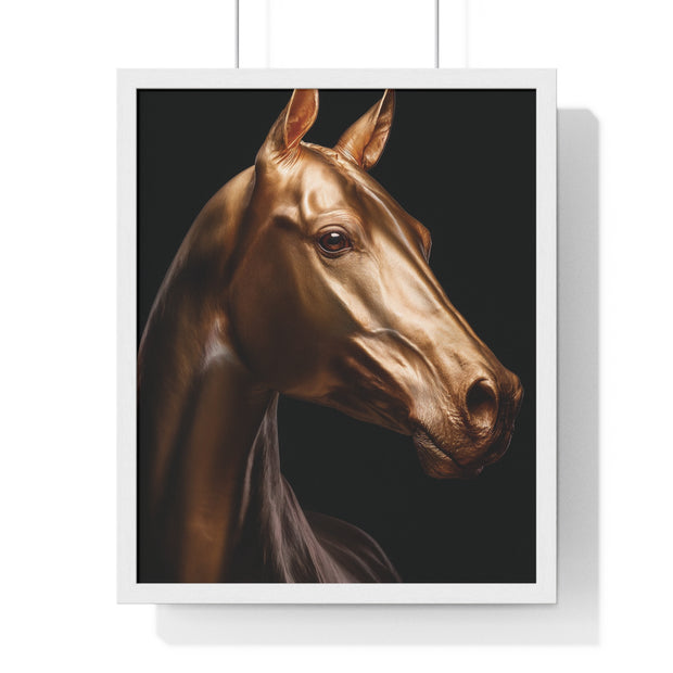 Golden Horse Vertical Framed Poster, Elegant Wall Art, Horse Lover Gift, Modern Home Decor, Animal Art Print